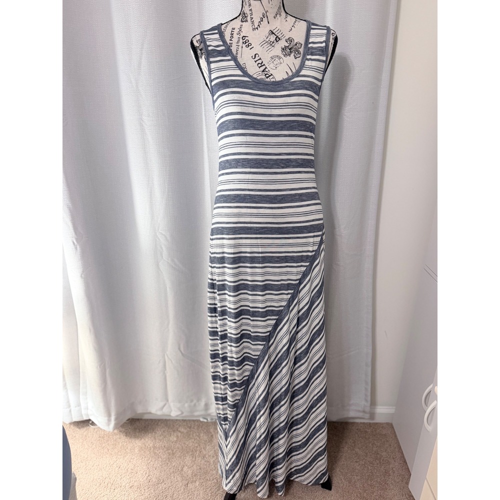 Max Studio Navy White Striped Sleeveless Maxi Dress Medium Asymmetrical Jersey